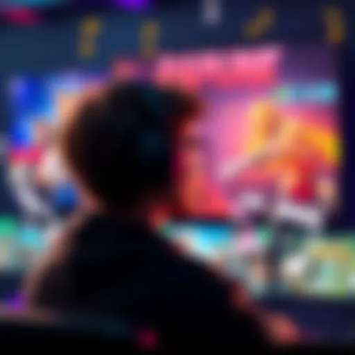 A player wearing headphones, focused on a screen displaying a PvE game with vibrant graphics, background music notes floating around.