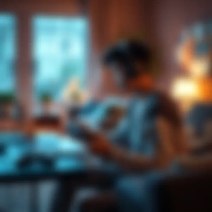 A gamer sitting at a desk, muting notifications on a laptop while focused on a game controller, set in a cozy living room.