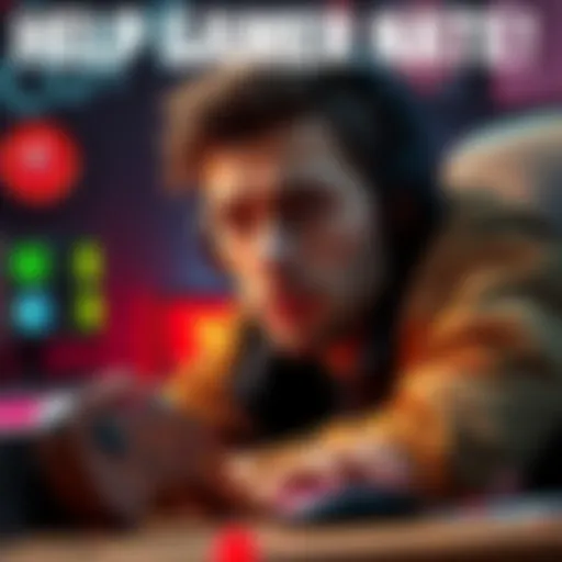 A gamer named Nate looking worried, surrounded by gaming equipment and a plea for assistance nearby