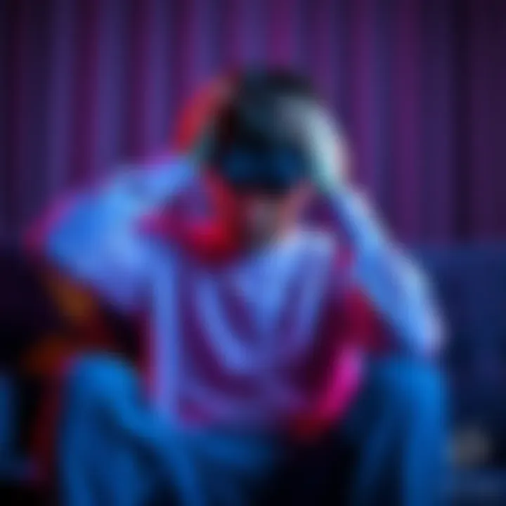 A person sitting on a couch, holding their head in discomfort after a long gaming session on the PS5, showing signs of motion sickness.