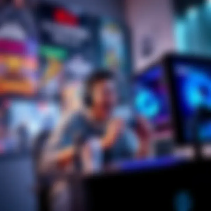 A person excitedly using their newly purchased gaming PC, surrounded by popular game posters, showcasing enthusiasm for gaming experiences