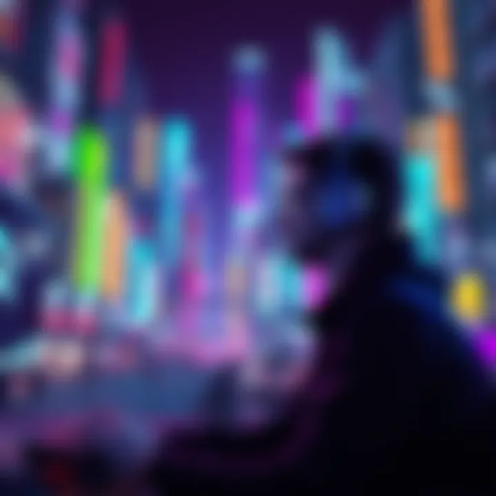 A gamer wearing headphones is intently playing a video game in a vibrant, neon-lit urban setting that represents Night City.