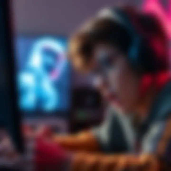 Gamer Focused on No Death Challenge A gamer intensely playing a video game, showing concentration and frustration while aiming for a no death run.