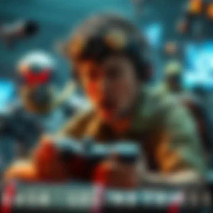 A gamer focused on the screen, showing excitement in a no legendaries playthrough, surrounded by various game elements.