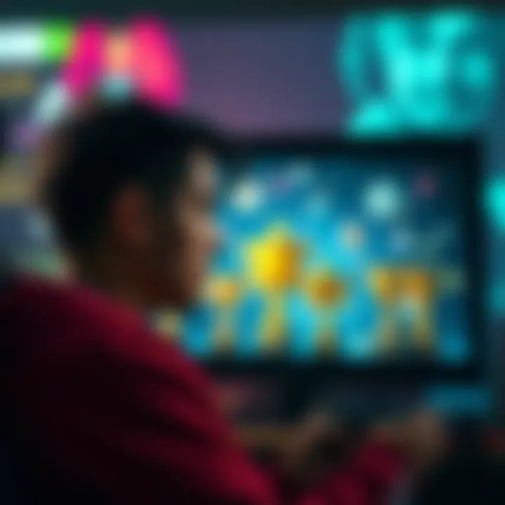 A gamer looking at their console screen, feeling disappointed about not having any platinum trophies, surrounded by trophies of others on the screen.