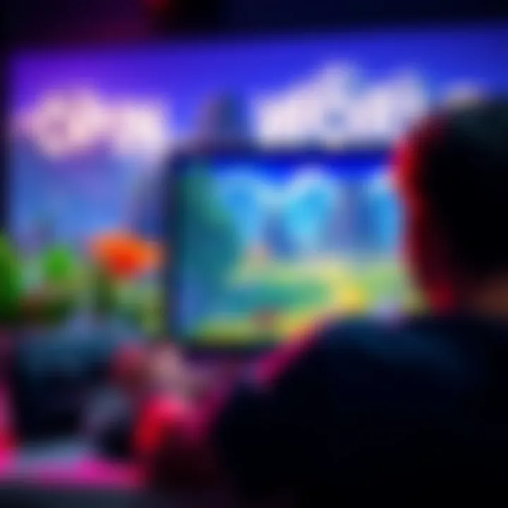 Gamer exploring open world A person playing a PS5, focused on an open world game with vibrant scenery on the screen, surrounded by gaming accessories.