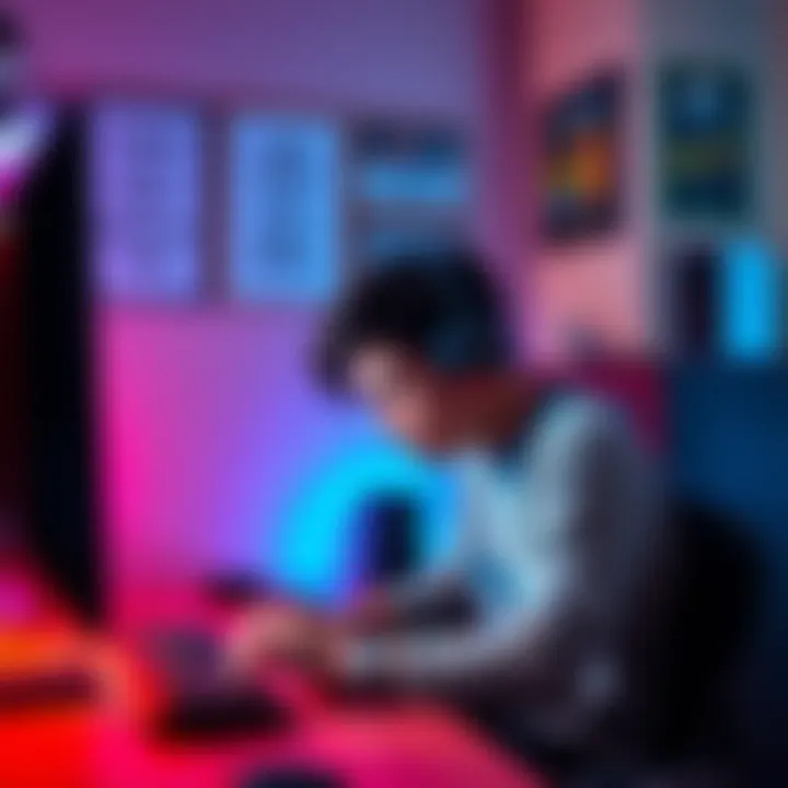 A person gaming on a computer, looking focused yet slightly frustrated, with motivational posters on the wall and a gaming setup featuring a keyboard and headset.