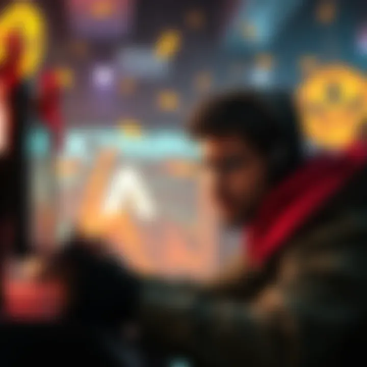 A frustrated gamer struggling with aim training in VAXTA, surrounded by distracting visuals and sounds, trying to focus on improving their skills.