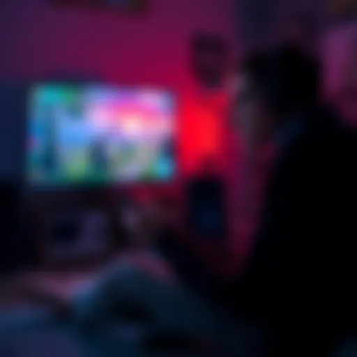 A gamer sitting in a dimly lit room, controller in hand, looking thoughtfully at the screen with a captivating game scene displayed, symbolizing reflection.