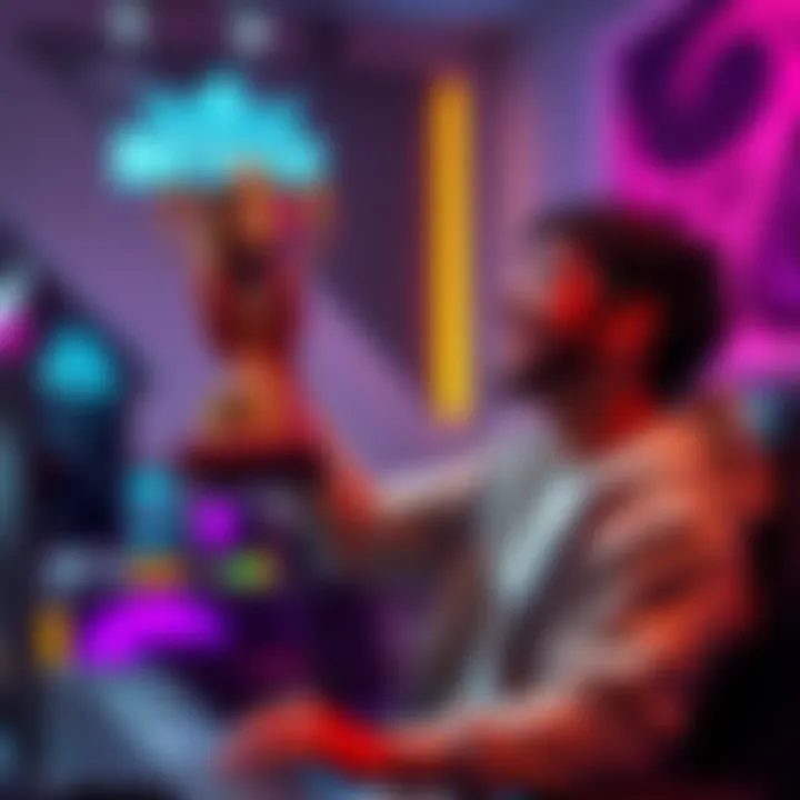 A gamer celebrating their achievement of reaching Platinum rank, with a trophy in hand and a gaming setup in the background.