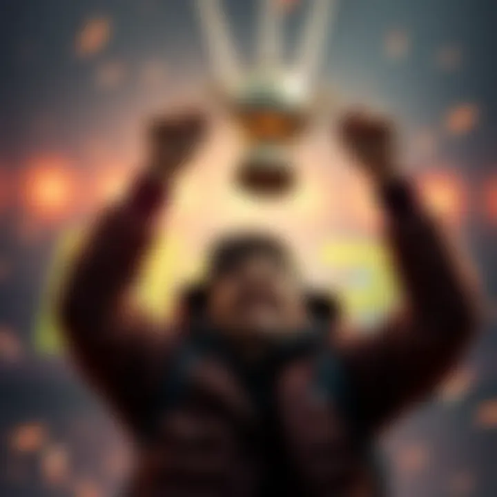 A gamer holds a platinum trophy above their head with a joyful expression, showcasing their achievement in Lies of P.