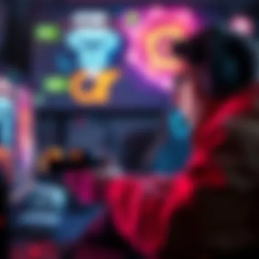 A dedicated gamer immersed in a third-person action game, focused on the screen with colorful graphics in the background.