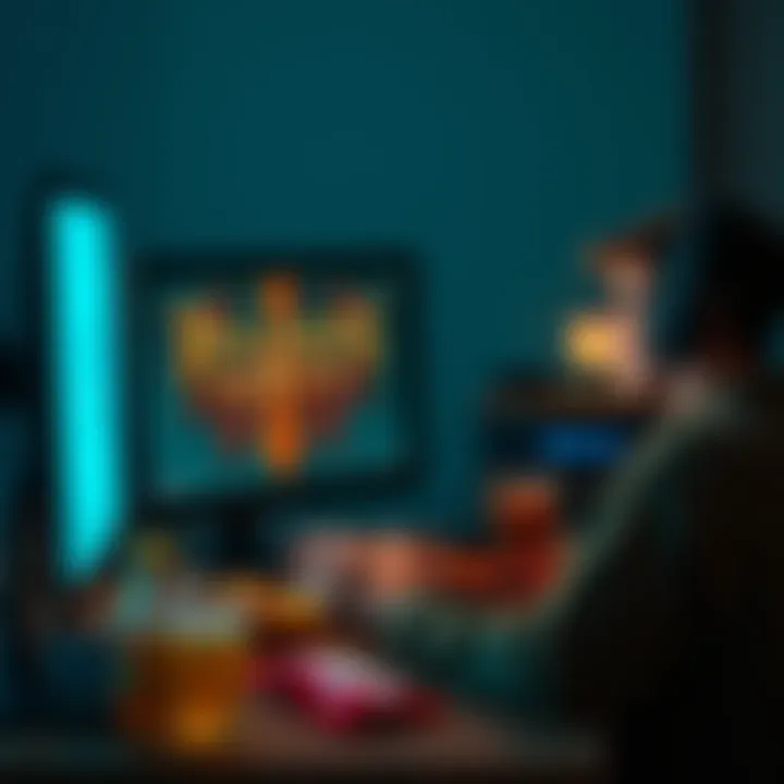 A gamer focused on a computer screen displaying Baldur's Gate 3, with snacks and drinks nearby, showing a late-night gaming session.