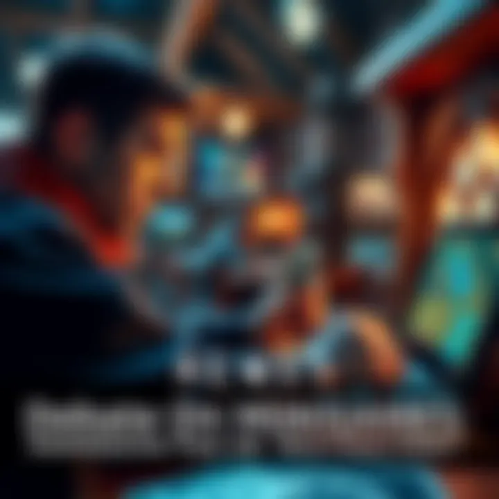 A gamer focused on a screen playing a card game in a tavern setting within a video game