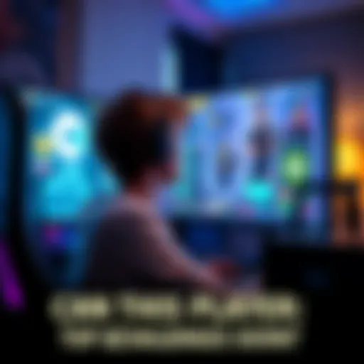 A focused gamer sitting in front of a computer screen, intensely playing a challenging video game level, with various graphics on the screen reflecting the game environment.
