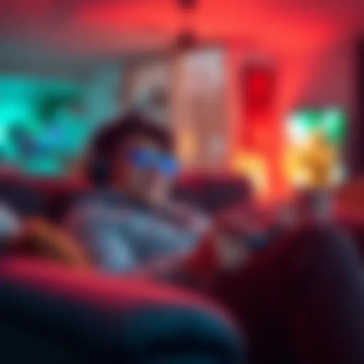 A person relaxed on a couch, playing video games with a focused expression, surrounded by snacks and drinks, illustrating personal enjoyment in gaming.