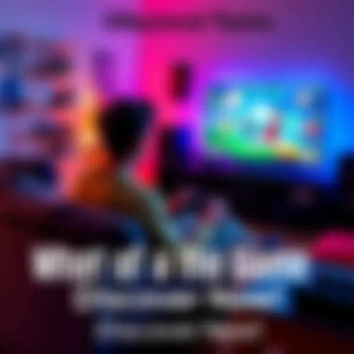 A person sitting on a couch, focused on a video game on a TV screen, surrounded by gaming accessories