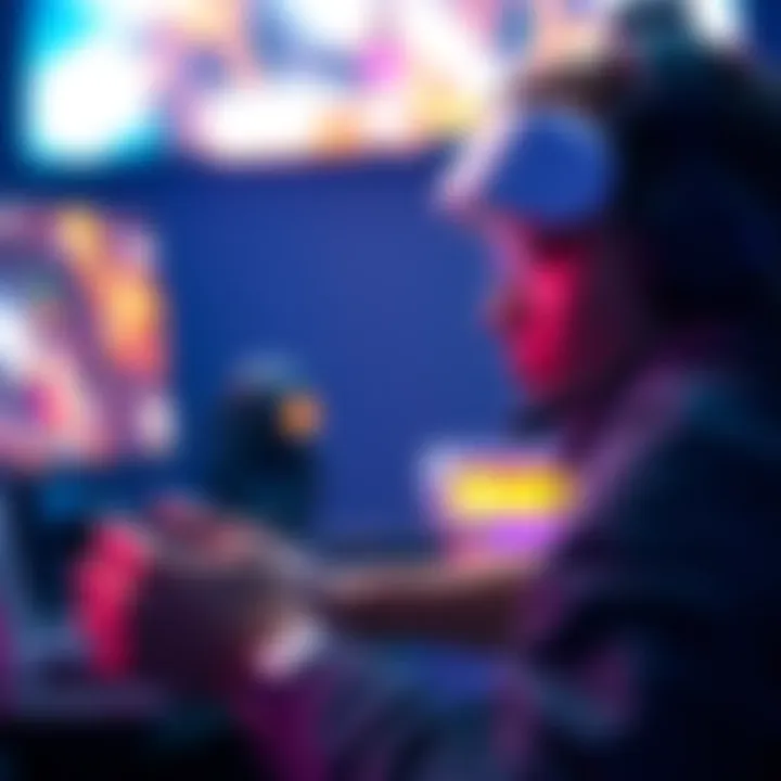 A focused gamer intensely playing a video game using a controller, highlighting their impressive shooting skills in quick play.