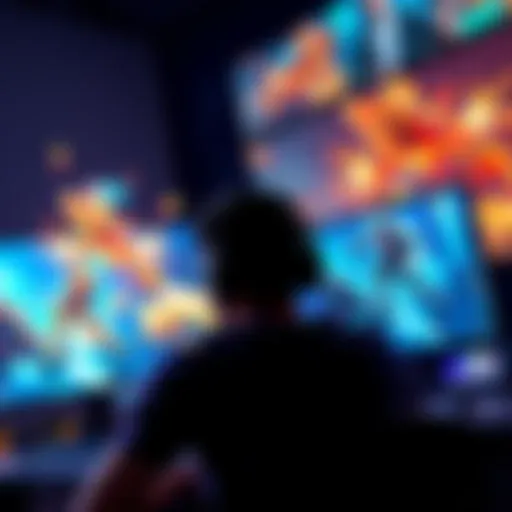 A person sits in front of a computer screen, deeply focused on a dynamic video game, with colorful graphics and intense action.