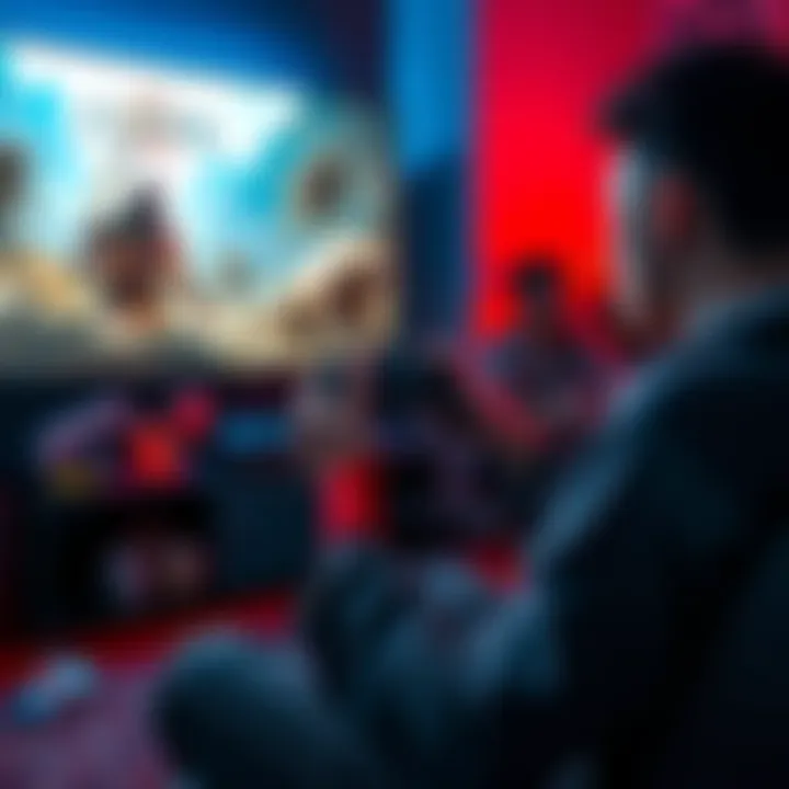 A gamer intensely focused on playing God of War 2018 on a console, with a large screen displaying an action scene from the game, surrounded by gaming gear and snacks.