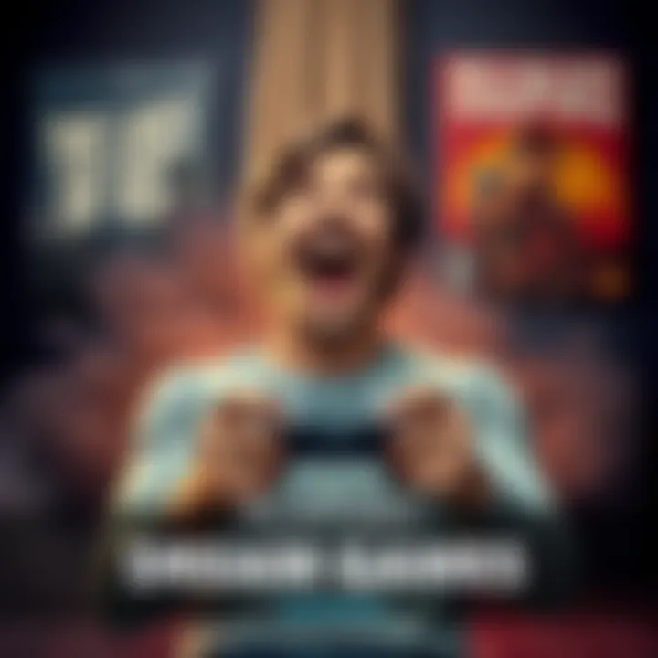 A thrilled gamer holding a game controller, surrounded by posters of The Last of Us and Red Dead Redemption 2, showcasing joy and anticipation for gaming adventures.