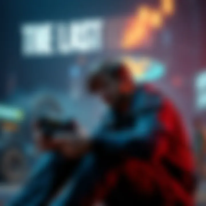 Gamer playing The Last of Us Part II on PlayStation A gamer engrossed in playing The Last of Us Part II on a PlayStation console, showcasing vivid graphics and intense gameplay.