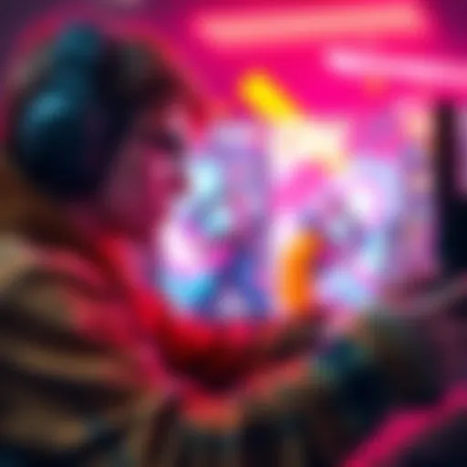 A gamer focused on a screen, immersed in a fast-paced action game with vibrant graphics