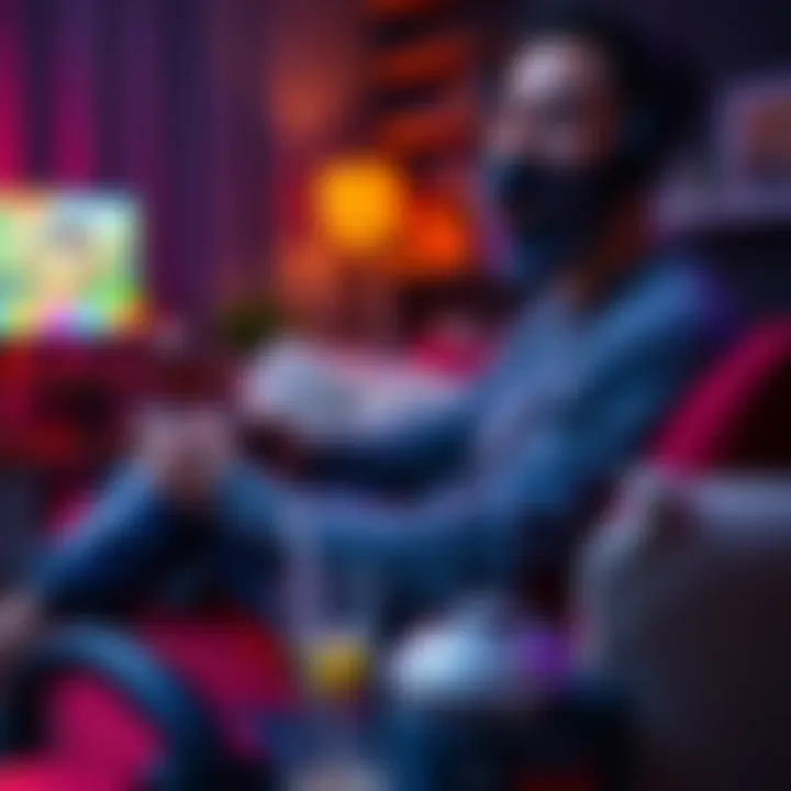 A gamer sits comfortably on a couch, focused on a console game with a controller in hand, surrounded by snacks and drinks, showcasing the relaxed gaming experience.