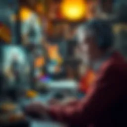 A gamer intensely focused on a role-playing game, surrounded by game posters and snacks, with a bright screen illuminating their face.