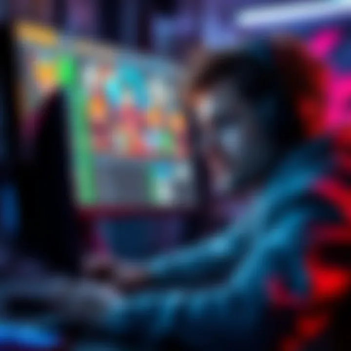 A solo gamer focused on playing Server Slam with a concerned expression, surrounded by gaming gear and a colorful screen showing the game interface.