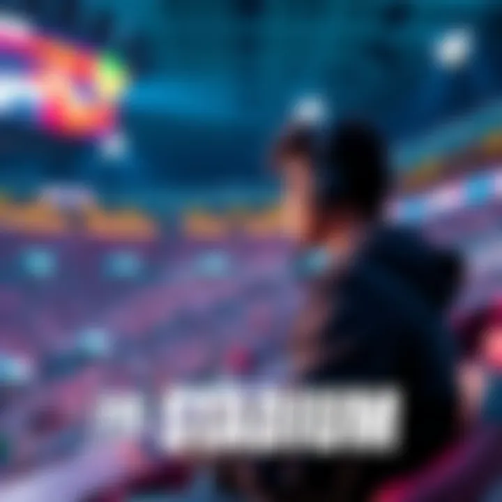 A person playing a video game in a stadium-like setting, focused on the screen as colorful graphics surround them.