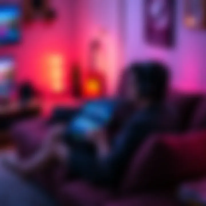 A gamer focused on a Steam Deck while sitting comfortably on a couch, with a cozy gaming setup around them