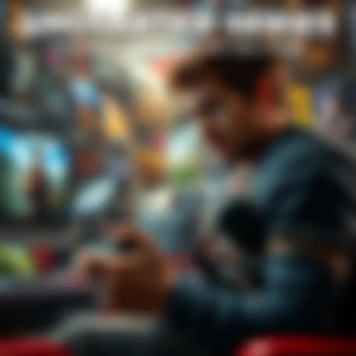 A gamer focused on gameplay while surrounded by gaming posters, including Uncharted and other popular titles, creating a lively gaming atmosphere.