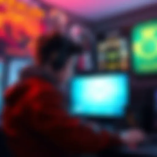 A dedicated gamer enjoying a session of Vault Breaker, surrounded by game-related posters and a focused expression, with a glowing screen in front of them.