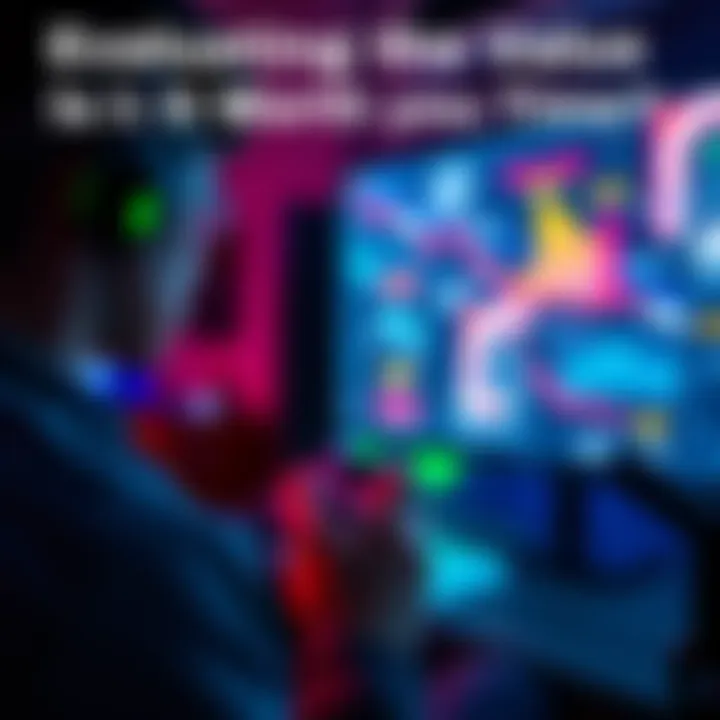 Person playing video game A gamer focused on a video game with a controller in hand, surrounded by colorful graphics on the screen.