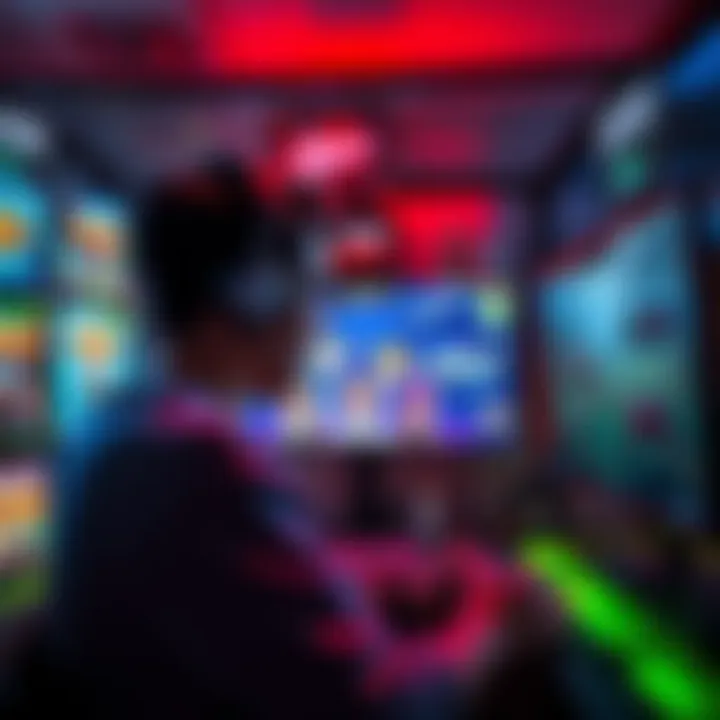 A gamer focused on a screen, surrounded by game boxes representing different titles, showcasing various gaming experiences.