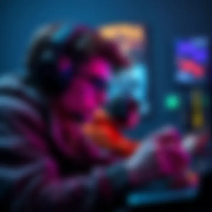 A gamer intensely playing a video game without any add-ons, showing concentration and determination