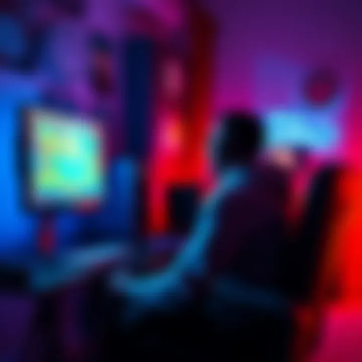 A gamer sitting in front of a computer, excitedly preparing to play a classic video game. The room is dimly lit with colorful LED lights, and a game controller is in hand.