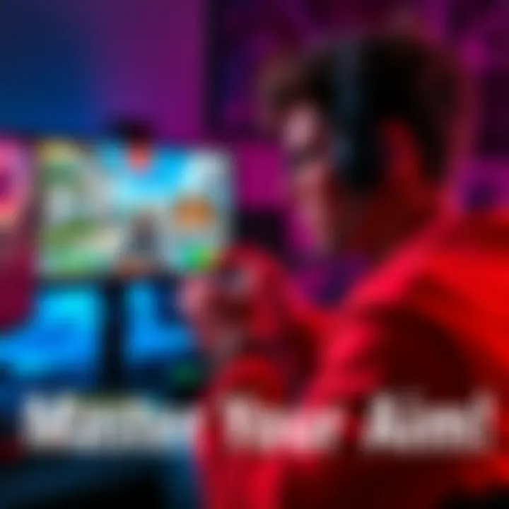 A gamer focused on improving their aim with a gaming controller, surrounded by gaming equipment and a screen displaying a first-person shooter game.