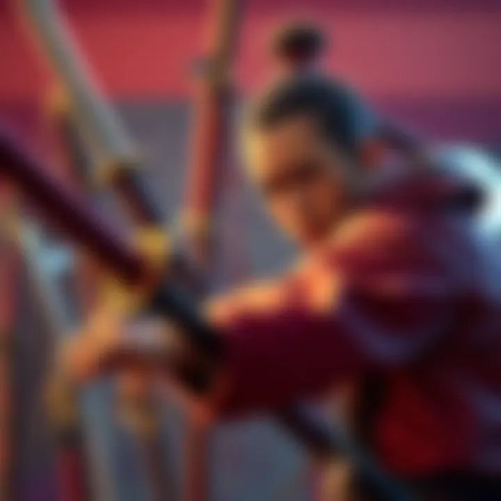 A gamer looks frustrated while trying to master the Katana in a video game, surrounded by other weapons, showing a struggle in gameplay.