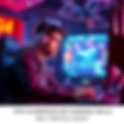 A focused gamer sits in front of a computer, intensely playing a video game while adjusting settings.