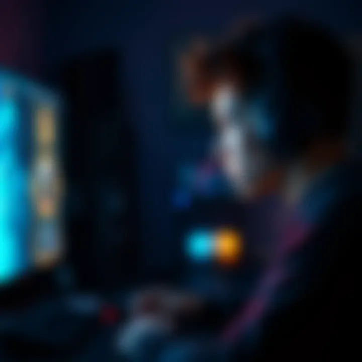 Gamer Preparing for Battle A gamer focuses on the screen, ready to take on a tough opponent with gaming gear in a dimly lit room.