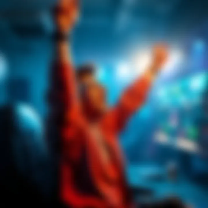 A dedicated gamer celebrating reaching the max profile level in a game, showing excitement with a game controller in hand.