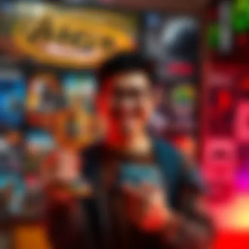 A person smiling while holding a gaming trophy and controllers, surrounded by gaming posters and memorabilia