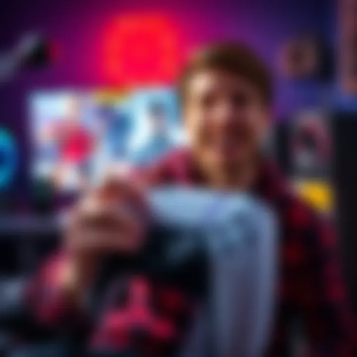 A gamer holds a PS5 controller with a gaming setup in the background, looking excited