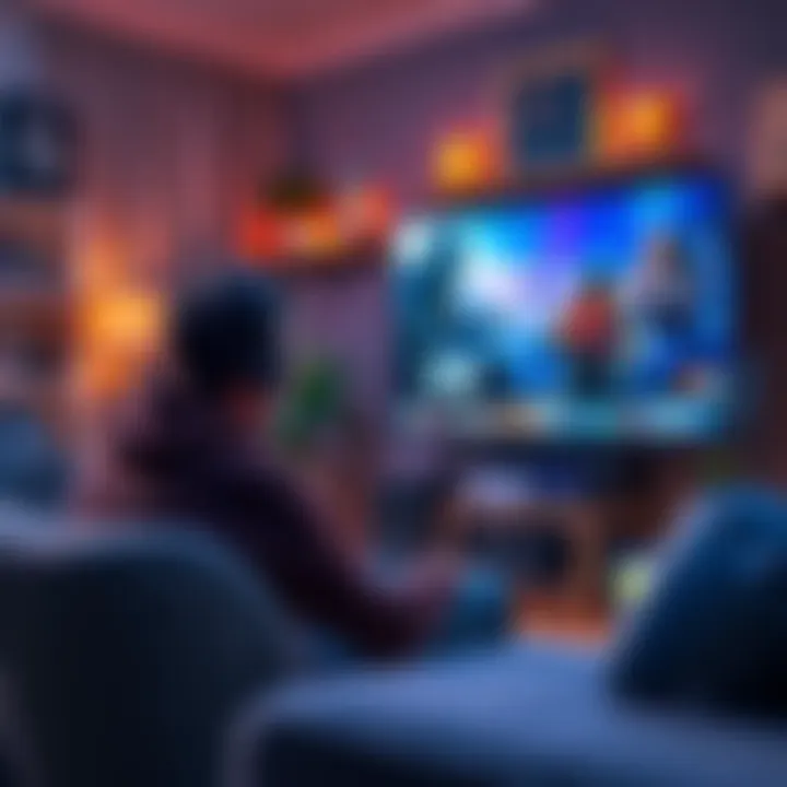 A gamer is enjoying gameplay on a 65-inch Sony Bravia TV with a PS5 Pro console in a cozy gaming room