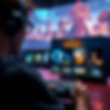 A gamer looking at a PS5 console with RPG game covers displayed, showcasing vibrant fantasy artwork and environments reminiscent of classic WoW.