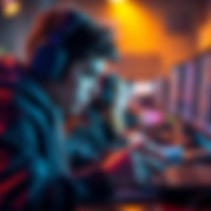 A gamer intensely concentrating on a PVP game, adjusting settings on their controller, with a focused expression