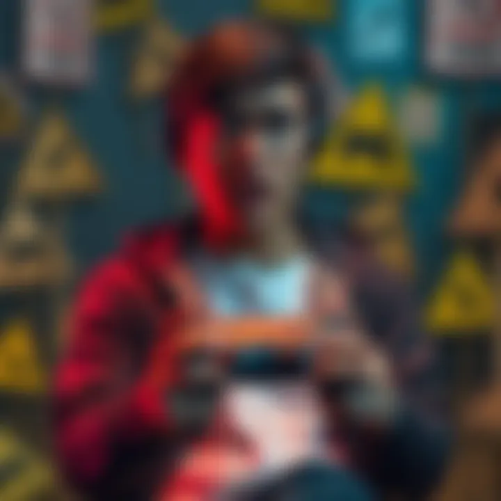 A gamer looking frustrated while holding a controller, surrounded by warning signs about toxic behavior, conveying feelings of injustice over a game ban.