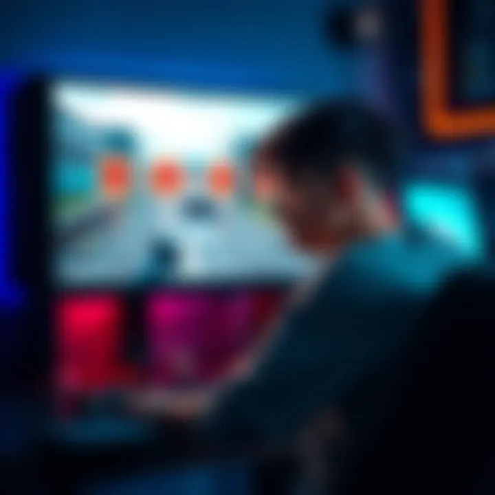 A gamer sitting in front of a computer, looking frustrated while aiming in a shooting game. The screen displays an action scene with targets.